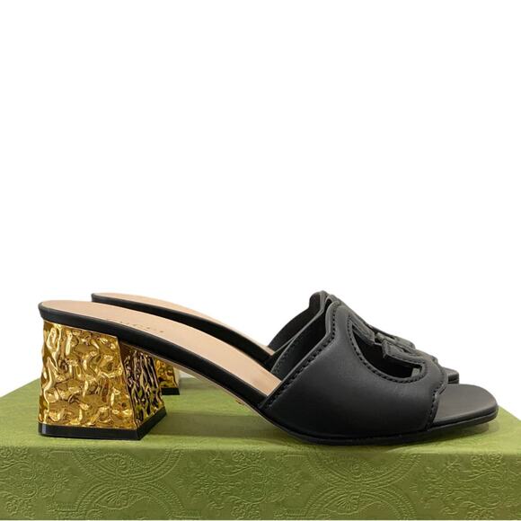 Gucci Interlocking G Cut Out Black Leather Gold Block Heel Sandal 38.5 - Picture 8 of 12